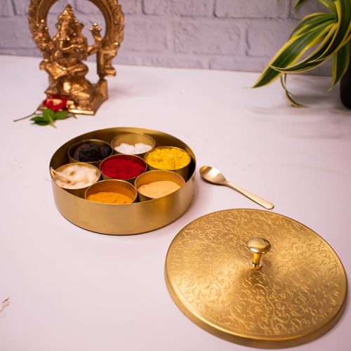Zishta Handcrafted Brass Pooja Box - Vintage 7 Compartment with Spoon - Ideal for Roli, Chawal, Chandan, Kumkum - 12.5 cm Diameter, 3 cm Height, 0.34 Kg - Decorative Brass Box for Pooja Rituals - Image 1