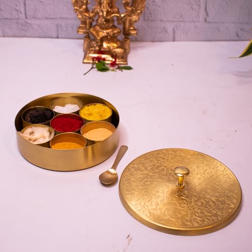 Zishta Handcrafted Brass Pooja Box - Vintage 7 Compartment with Spoon - Ideal for Roli, Chawal, Chandan, Kumkum - 12.5 cm Diameter, 3 cm Height, 0.34 Kg - Decorative Brass Box for Pooja Rituals - Image 2
