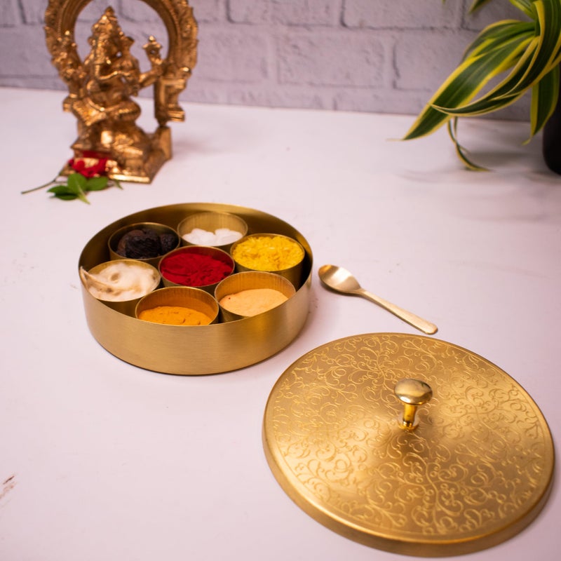 Zishta Handcrafted Brass Pooja Box - Vintage 7 Compartment with Spoon - Ideal for Roli, Chawal, Chandan, Kumkum - 12.5 cm Diameter, 3 cm Height, 0.34 Kg - Decorative Brass Box for Pooja Rituals - Image 5