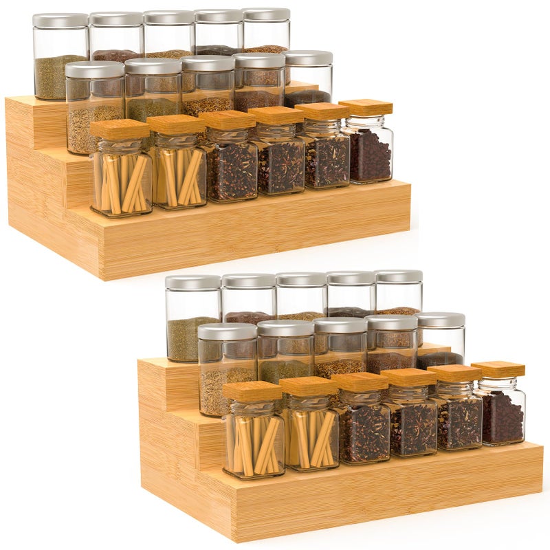 Bambition 2 Pack Bamboo Spice Rack for Kitchen Counter, 3 Tier Spice Shelf Organizer for Cabinet (Jars Not Included) - Image 1