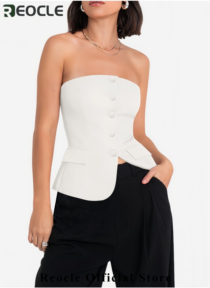 REOCLE - Womens Strapless Smocked Tube Top Sleeveless Button Fitted Blazer Vest 2025 Work Business Casual Tank Tops - Image 1