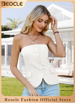 Womens Strapless Smocked Tube Top Sleeveless Button Fitted Blazer Vest 2025 Work Business Casual Tank Tops
