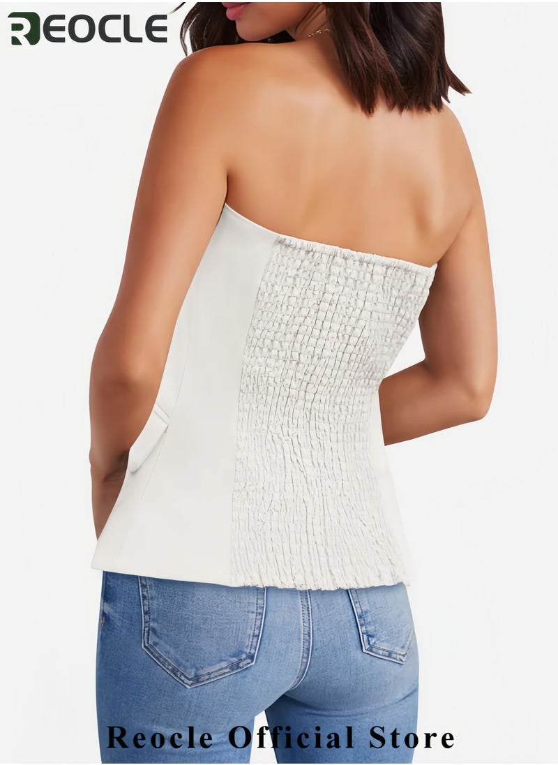 REOCLE - Womens Strapless Smocked Tube Top Sleeveless Button Fitted Blazer Vest 2025 Work Business Casual Tank Tops - Image 1