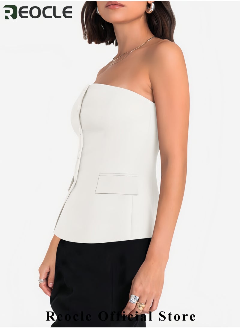 REOCLE - Womens Strapless Smocked Tube Top Sleeveless Button Fitted Blazer Vest 2025 Work Business Casual Tank Tops - Image 1