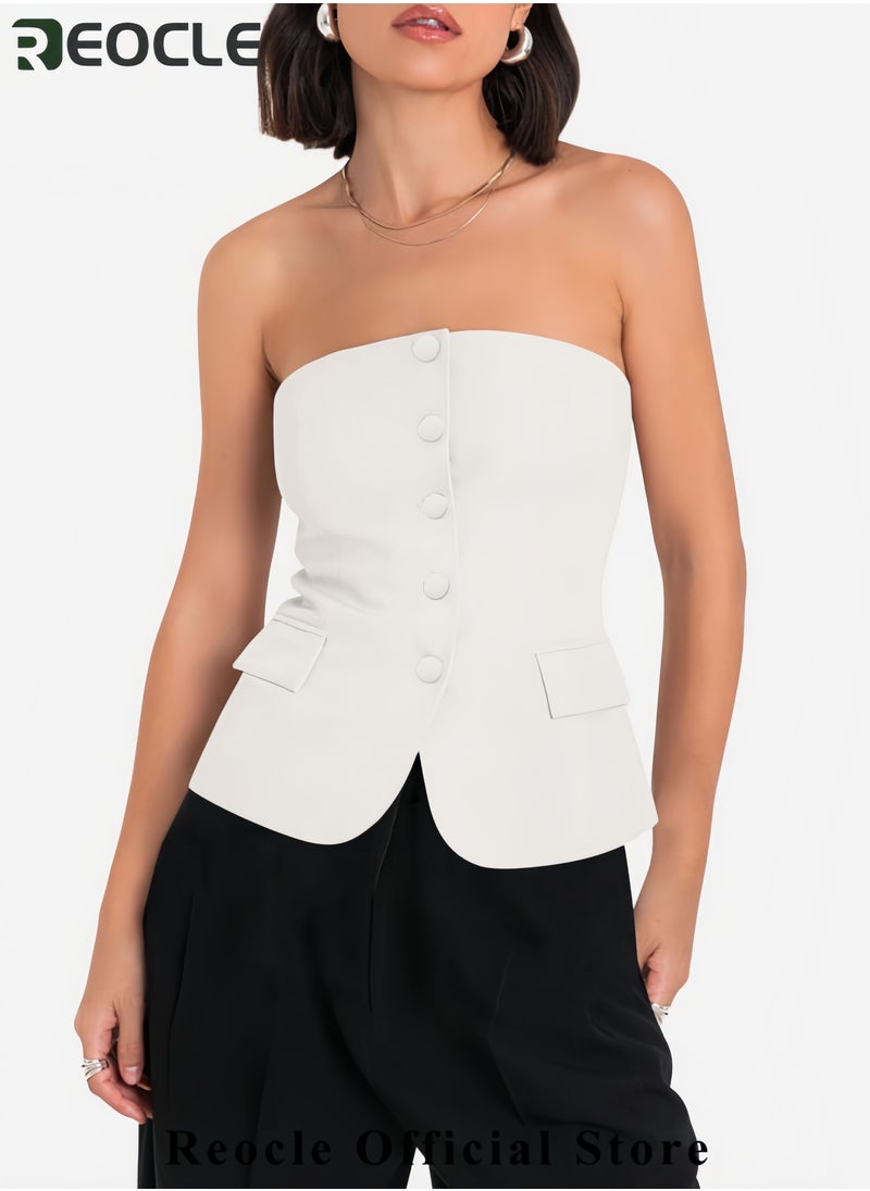 REOCLE - Womens Strapless Smocked Tube Top Sleeveless Button Fitted Blazer Vest 2025 Work Business Casual Tank Tops - Image 1