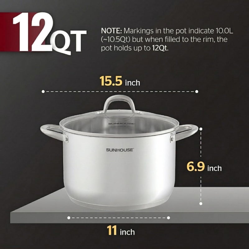 SUNHOUSE Stainless Steel Stock Pot - 12 Quart Heavy-Duty Induction Cooking Pot with Visible Lid for Pasta, Soup, Spaghetti - Nonstick Thick-Bottom Deep Stockpot for Canning, Boiling, and Simmering - Image 2