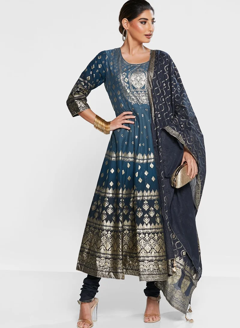 Biba Printed Kurti & Pant Set With Dupatta