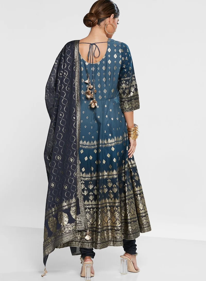 Biba Printed Kurti & Pant Set With Dupatta