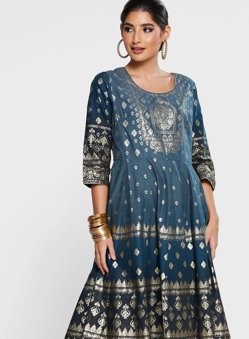 Biba Printed Kurti & Pant Set With Dupatta