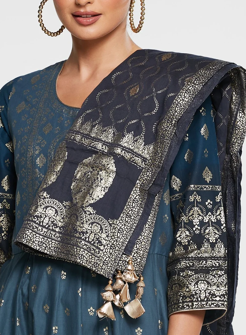 Biba Printed Kurti & Pant Set With Dupatta