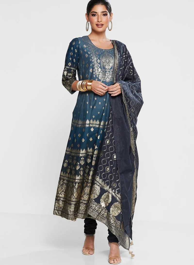 Biba Printed Kurti & Pant Set With Dupatta