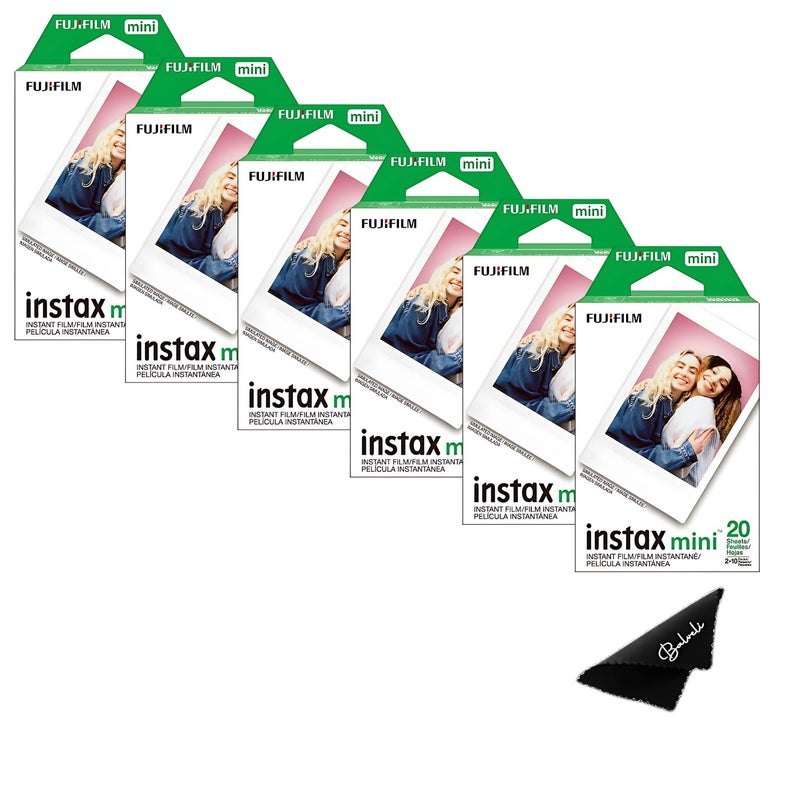 Fujifilm Instax Mini Film ISO 800, Six Twin Packs 120 EXP Total Compatible with Instax Mini Evo, 12, 11, 9 Models, Includes Balveli Premium Microfiber Cleaning Cloth - Image 1