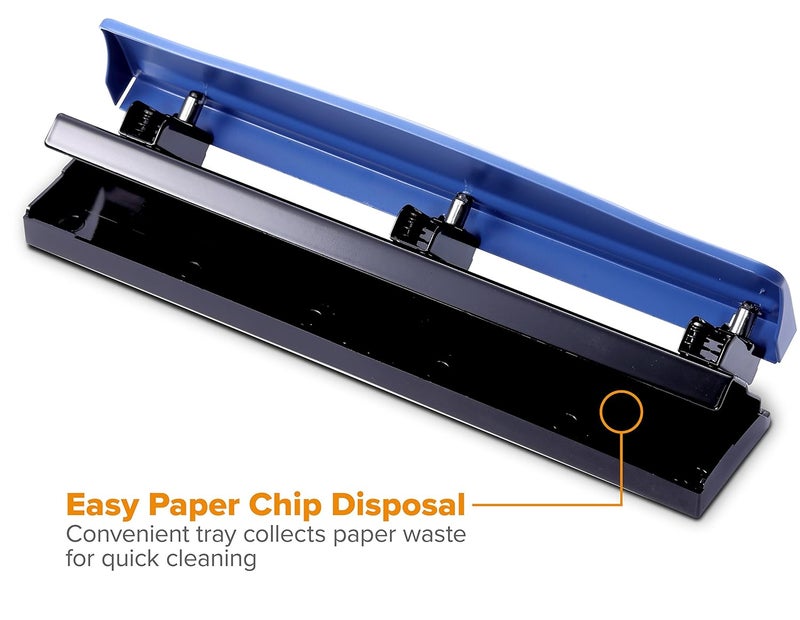 Bostitch Office Premium 3 Hole Punch, 12 Sheet Capacity, Metal, Rubber Base, Easy-Clean Tray, Silver - Image 4