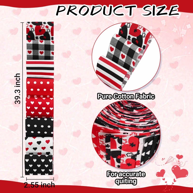 Bolsome 40 Pcs Valentine's Day Cotton Fabric Strips Red Black Love Heart Polka Dots Plaid Fabric Roll for Quilting Crafting Precut Patchwork for Gift Sewing DIY Crafts - Image 2