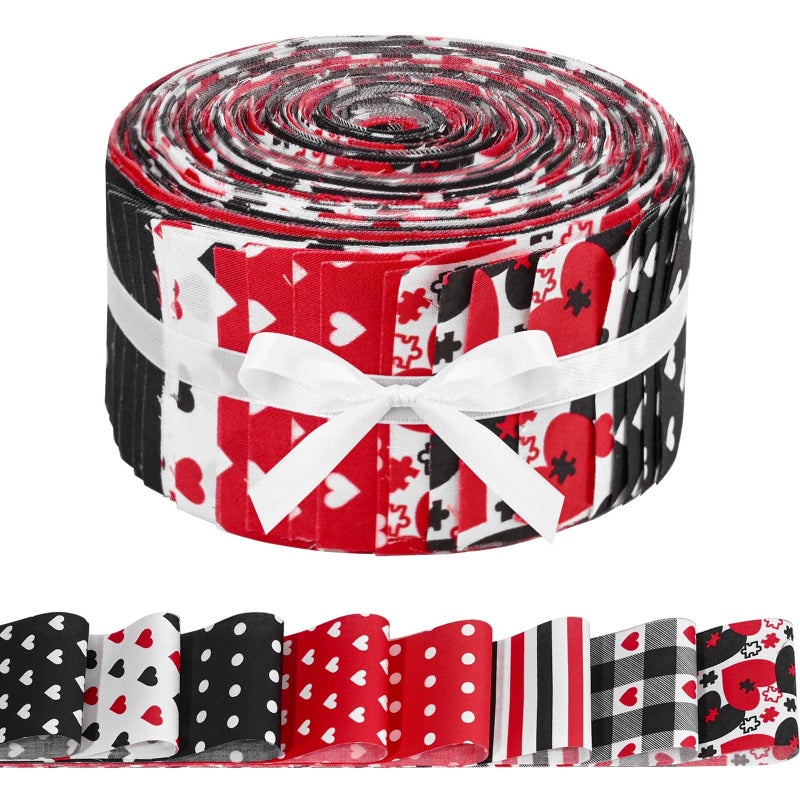 Bolsome 40 Pcs Valentine's Day Cotton Fabric Strips Red Black Love Heart Polka Dots Plaid Fabric Roll for Quilting Crafting Precut Patchwork for Gift Sewing DIY Crafts - Image 1