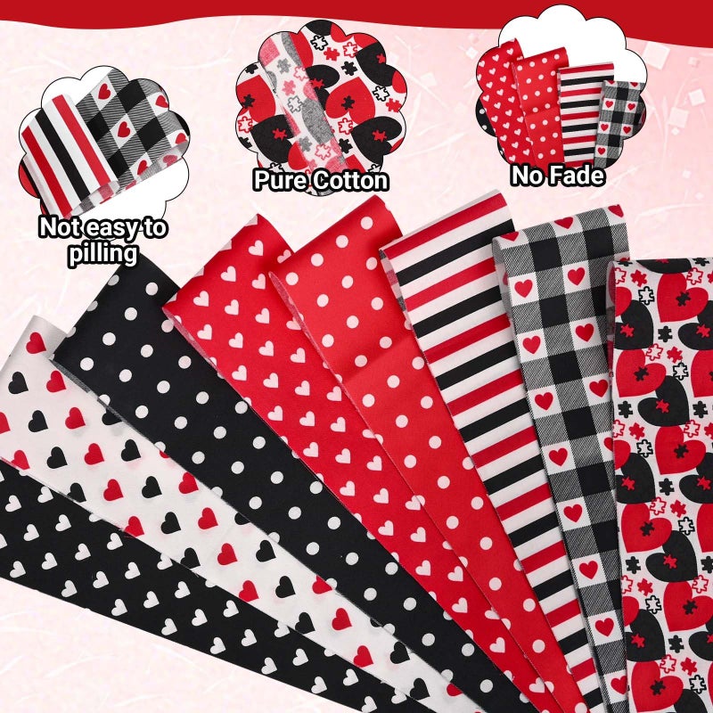 Bolsome 40 Pcs Valentine's Day Cotton Fabric Strips Red Black Love Heart Polka Dots Plaid Fabric Roll for Quilting Crafting Precut Patchwork for Gift Sewing DIY Crafts - Image 3