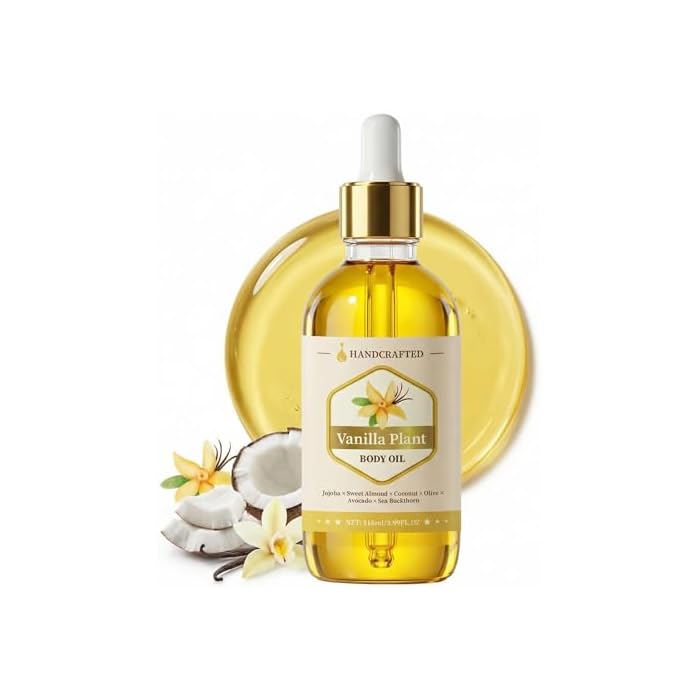Handcrafted Vanilla Body Oil – 118 mL (3.99 fl oz) Hydrating Plant‑Oil Blend of Jojoba, Sweet Almond, Coconut & Sea Buckthorn for Skin & Hair