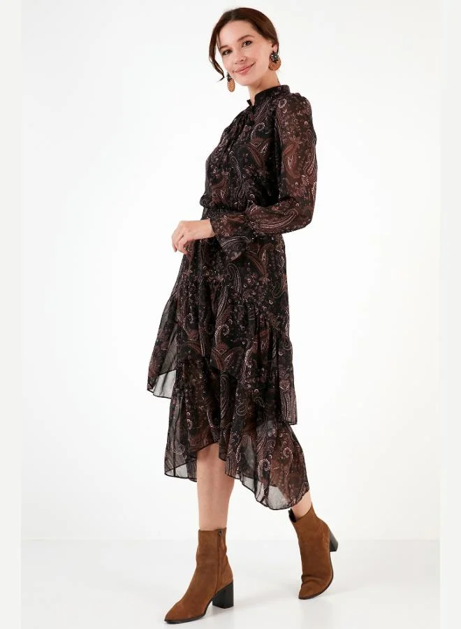 Lela Lela Regular Fit Collar Detail Ruffled Chiffon Midi Dress Women's Dress 611EL1448