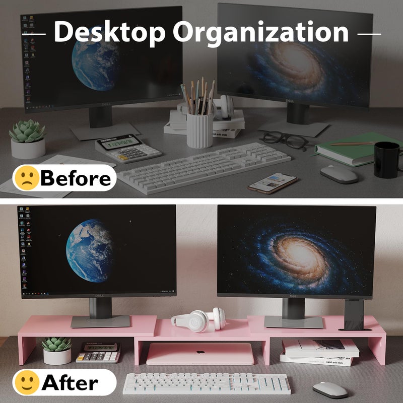BONTEC Dual Monitor Stand Riser with Smartphone Holder, Adjustable Length & Swivel Angle, Ergonomic Wooden Desktop Organizer for PC Monitor, Laptop, Printer, Large Storage, Pink - Image 2