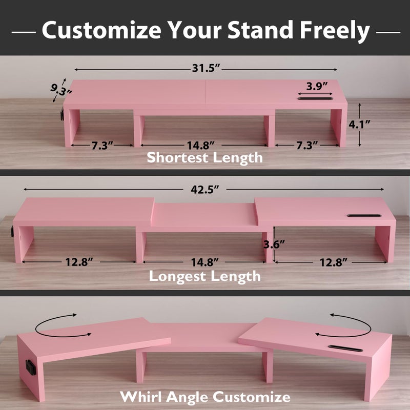 BONTEC Dual Monitor Stand Riser with Smartphone Holder, Adjustable Length & Swivel Angle, Ergonomic Wooden Desktop Organizer for PC Monitor, Laptop, Printer, Large Storage, Pink - Image 3