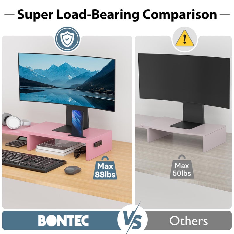 BONTEC Dual Monitor Stand Riser with Smartphone Holder, Adjustable Length & Swivel Angle, Ergonomic Wooden Desktop Organizer for PC Monitor, Laptop, Printer, Large Storage, Pink - Image 5