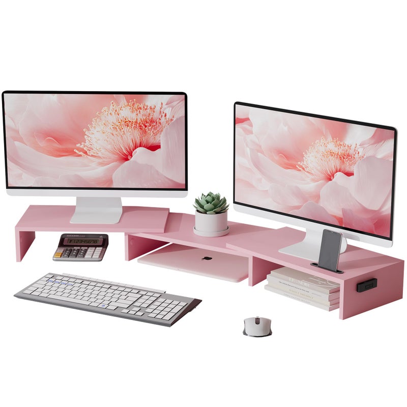 BONTEC Dual Monitor Stand Riser with Smartphone Holder, Adjustable Length & Swivel Angle, Ergonomic Wooden Desktop Organizer for PC Monitor, Laptop, Printer, Large Storage, Pink - Image 1