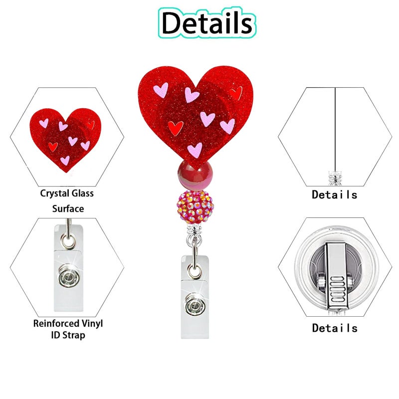 WULIUFLY Valentine's Day Heart Badge Reel with Alligator Clip Non-Slip Cute Romantic Red Heart Badge Reel Retractable Valentine's ID Badge Holder Heart Beaded ID Holder for Nurse Doctor Teacher Student Worker - Image 2