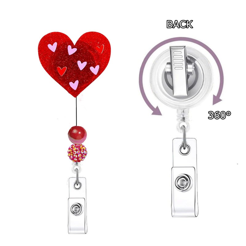 WULIUFLY Valentine's Day Heart Badge Reel with Alligator Clip Non-Slip Cute Romantic Red Heart Badge Reel Retractable Valentine's ID Badge Holder Heart Beaded ID Holder for Nurse Doctor Teacher Student Worker - Image 3