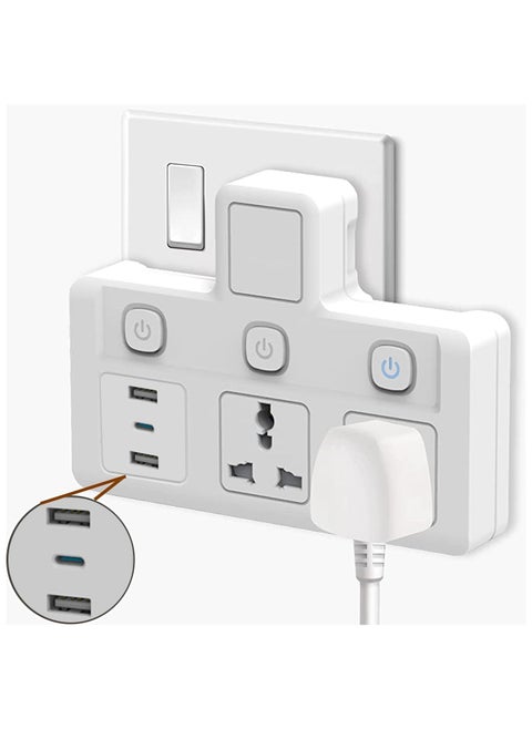 Power Adapter Multi Plug Extension, Extender Wall Charger Socket 3 Way Multiple Electrical Outlet Adaptor, Charging Station for Home, Office （2 Way + 2 USB+1Type C）