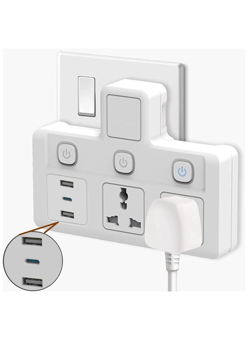 TYCOM Power Adapter Multi Plug Extension, Extender Wall Charger Socket 3 Way Multiple Electrical Outlet Adaptor, Charging Station for Home, Office （2 Way + 2 USB+1Type C） 