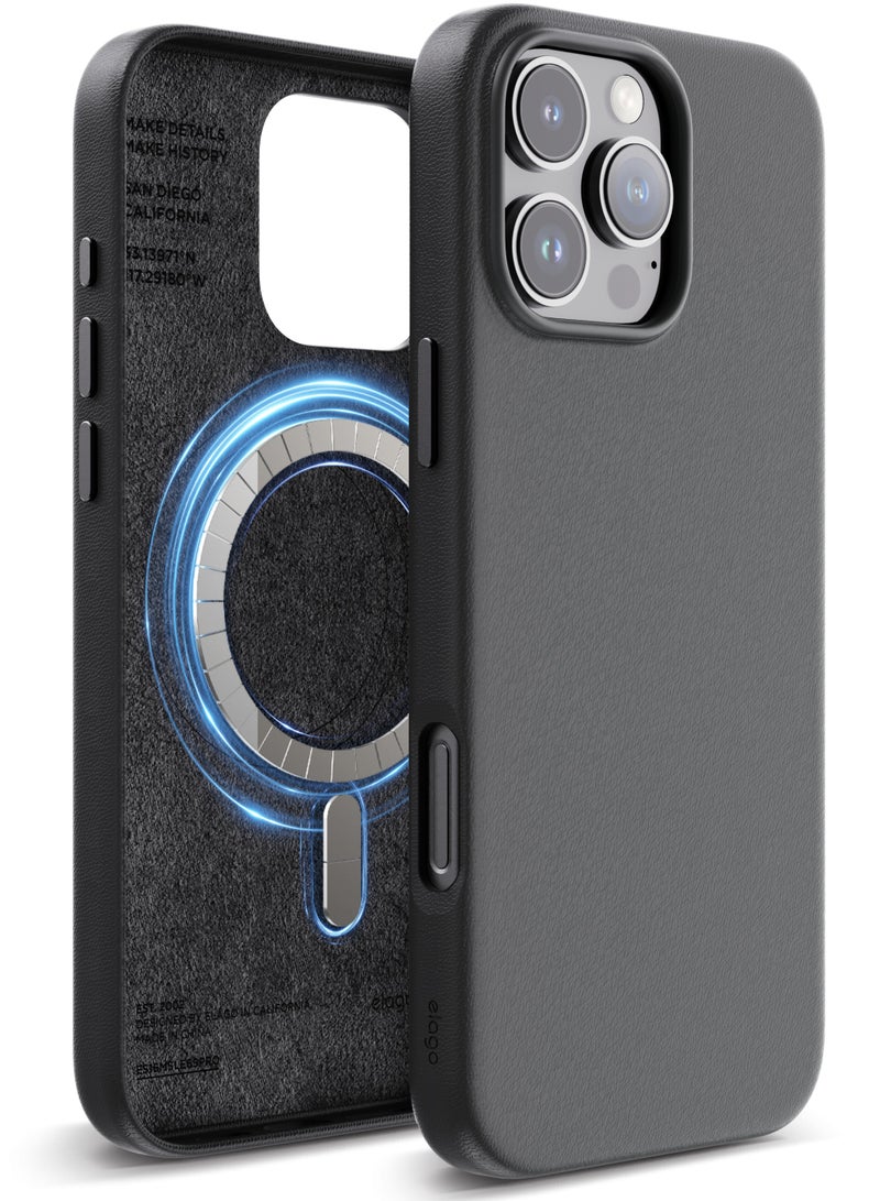 Elago Magnetic Leather Case for iPhone 16 Pro MAX Compatible with MagSafe, Vegan Leather, Shockproof, Water-Resistant - Black