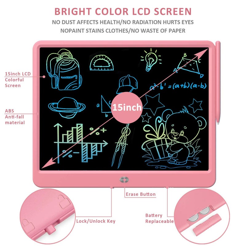 proffisy LCD Writing Tablet 15 Inches Colorful Screen Drawing Pad, E-Writing and Scribbler Boards for Kids, Electronic Educational Learning Toys for 3-12 Year Old Girls Pink, Colorful Screen - Image 5