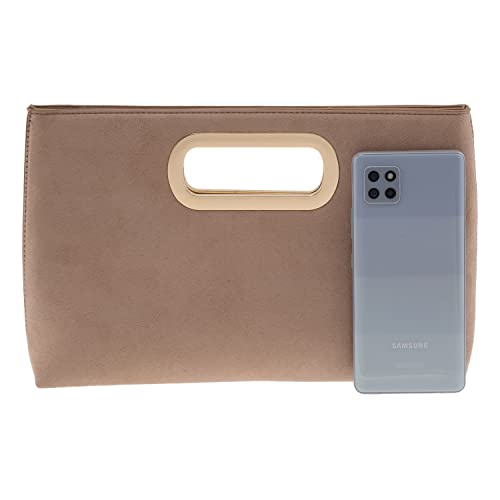 JNB Top Handle Faux Suede Clutch, Taupe Large - Image 5