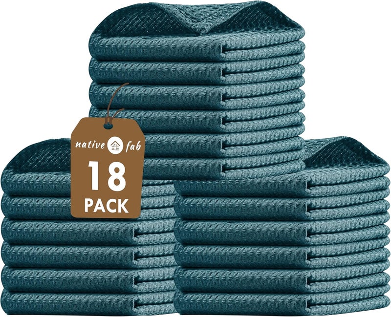 Native Fab Waffle 18 Pack Dish Cloths  Cotton 12x12 inches Absorbent Quick Drying Washable Towels for Cleaning Cooking  Baking  Ideal for Home Restaurants Bars  Multi Use  Teal Green - Image 1