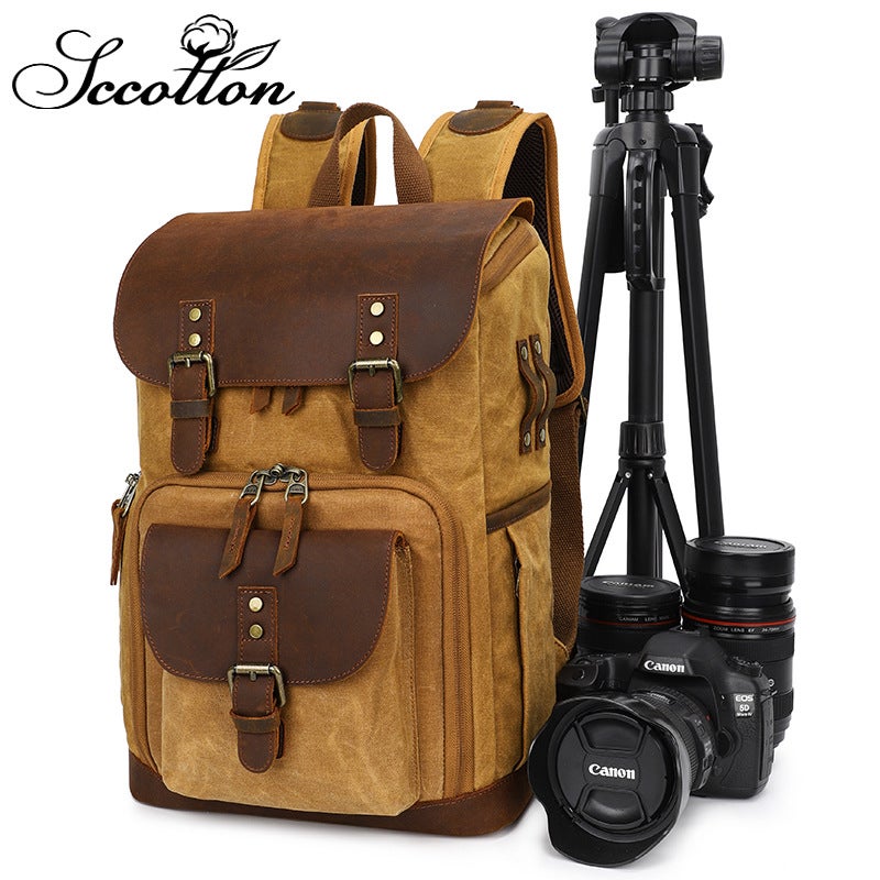 Double-Shoulder Pography Bag, Casual Waterproof Canvas Slr Digital Bag, Retro Contrasting Color Camera Backpack, Shock-Resistant Camera - Image 2