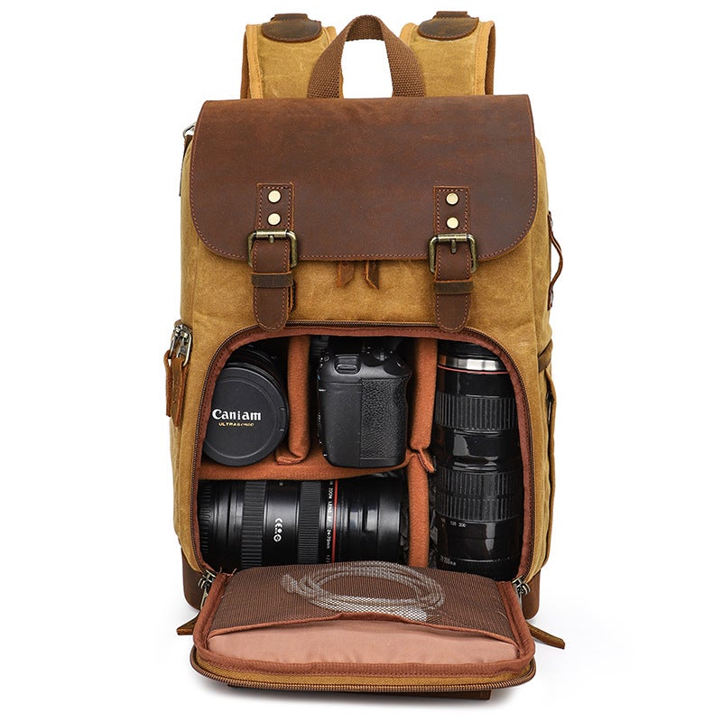 Double-Shoulder Pography Bag, Casual Waterproof Canvas Slr Digital Bag, Retro Contrasting Color Camera Backpack, Shock-Resistant Camera - Image 3