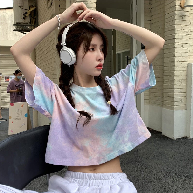 Generic Tie-Dye Crop Top Tee 2024 Summer Trendy Blue - Image 4