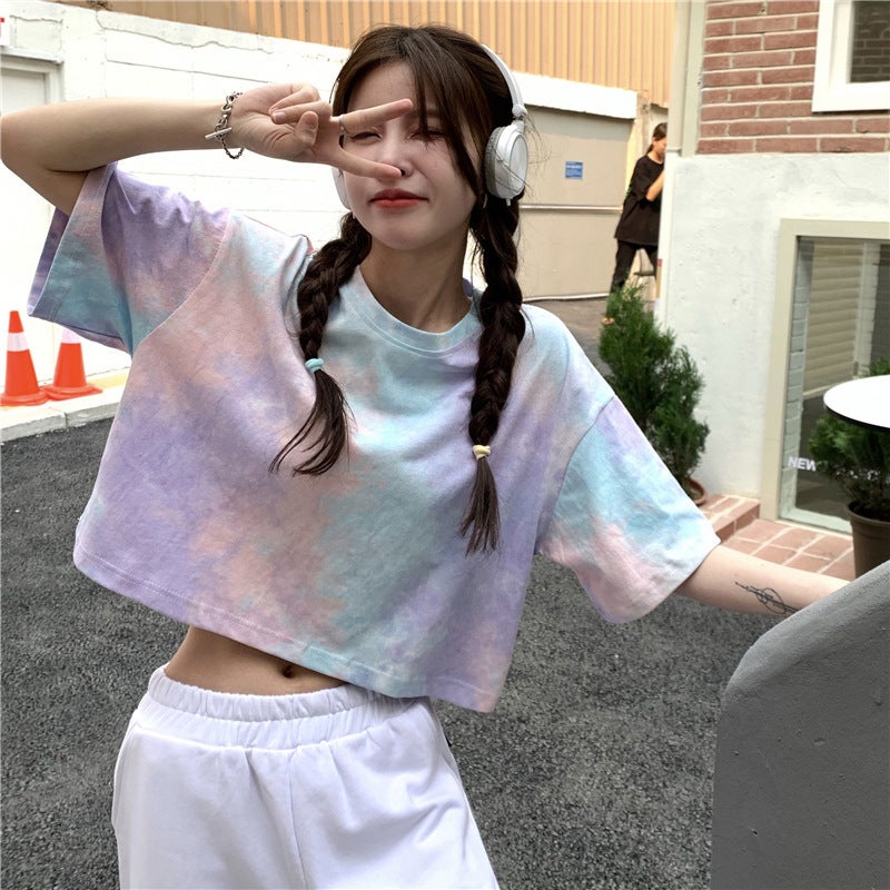 Generic Tie-Dye Crop Top Tee 2024 Summer Trendy Blue - Image 2