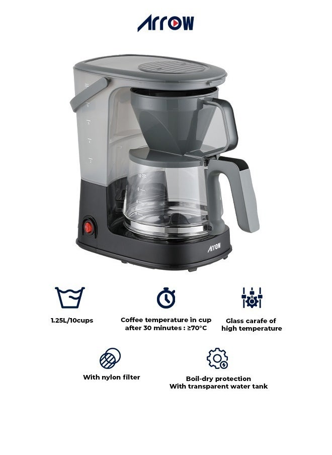 Arrow 1.25L Coffee Maker (10 Cups), Black + Grey, 750W | Anti-Drip Function | Glass Jar | 2 Years Warranty | Model Name: RO-125CMD 