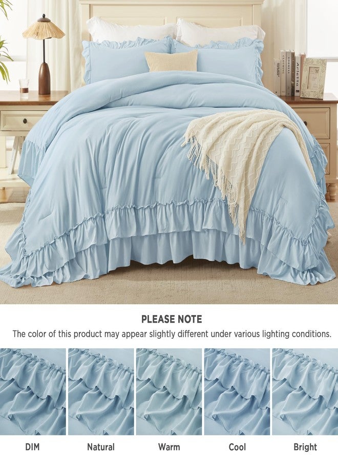 Andency طقم لحاف أندينسي أزرق فاتح بحجم كوين (90×90 بوصة)، 3 قطع، طقم لحاف خفيف الوزن ومنفوش بكشكشة لسرير كوين، طقم سرير ريفي أنيق وناعم مناسب لجميع الفصول - Image 4