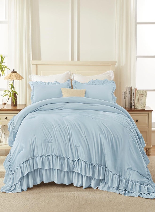 Andency طقم لحاف أندينسي أزرق فاتح بحجم كوين (90×90 بوصة)، 3 قطع، طقم لحاف خفيف الوزن ومنفوش بكشكشة لسرير كوين، طقم سرير ريفي أنيق وناعم مناسب لجميع الفصول - Image 2