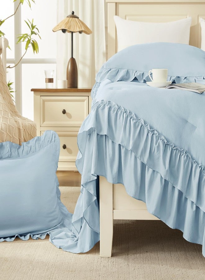 Andency طقم لحاف أندينسي أزرق فاتح بحجم كوين (90×90 بوصة)، 3 قطع، طقم لحاف خفيف الوزن ومنفوش بكشكشة لسرير كوين، طقم سرير ريفي أنيق وناعم مناسب لجميع الفصول - Image 5