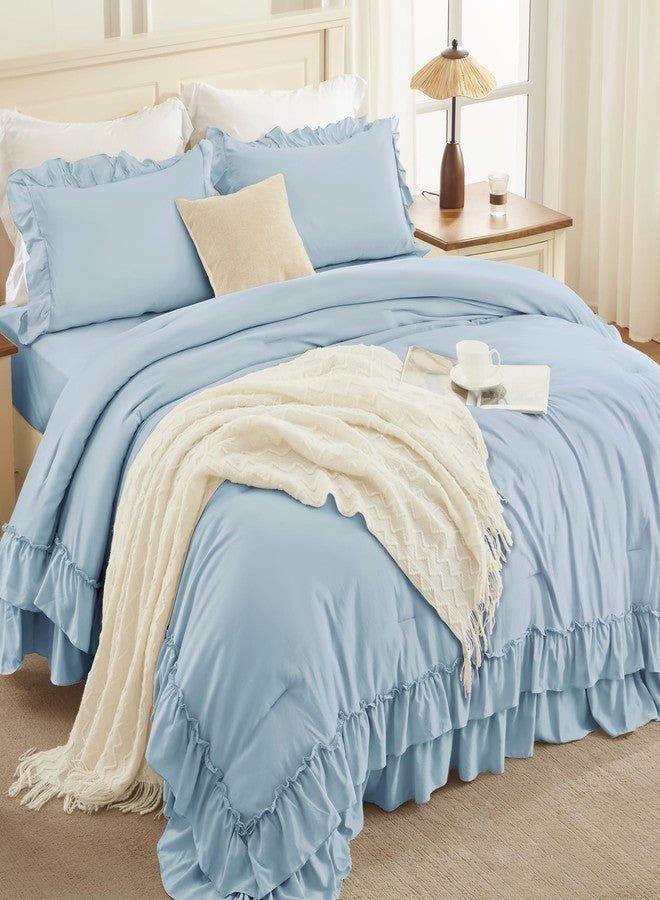 Andency طقم لحاف أندينسي أزرق فاتح بحجم كوين (90×90 بوصة)، 3 قطع، طقم لحاف خفيف الوزن ومنفوش بكشكشة لسرير كوين، طقم سرير ريفي أنيق وناعم مناسب لجميع الفصول - Image 3