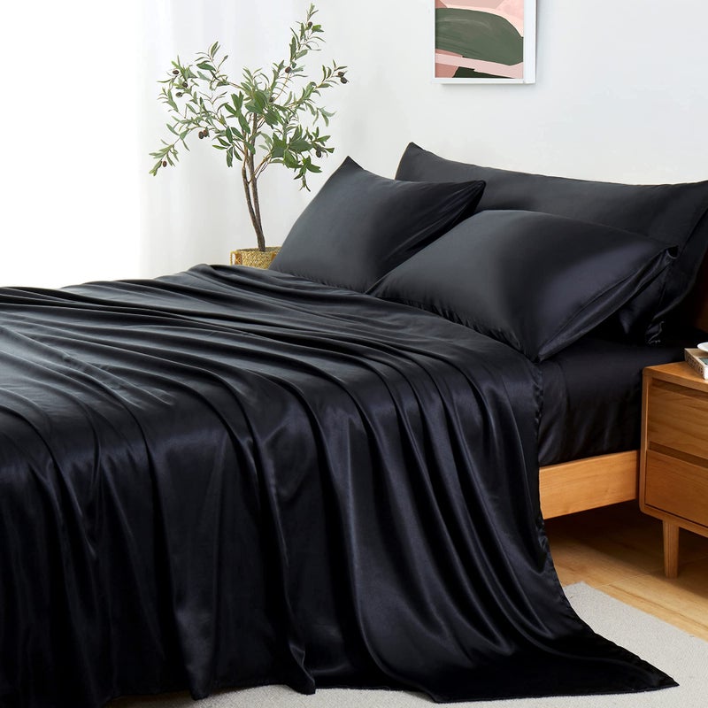 Entisn 5Pcs Silky Satin Sheets Set Queen Size Satin Bed Sheets Set Black Luxury Bedding Sets Breathable  Ultra Soft Sheets Set Includes 1 Fitted Sheet 1 Flat Sheet 3 Pillowcases