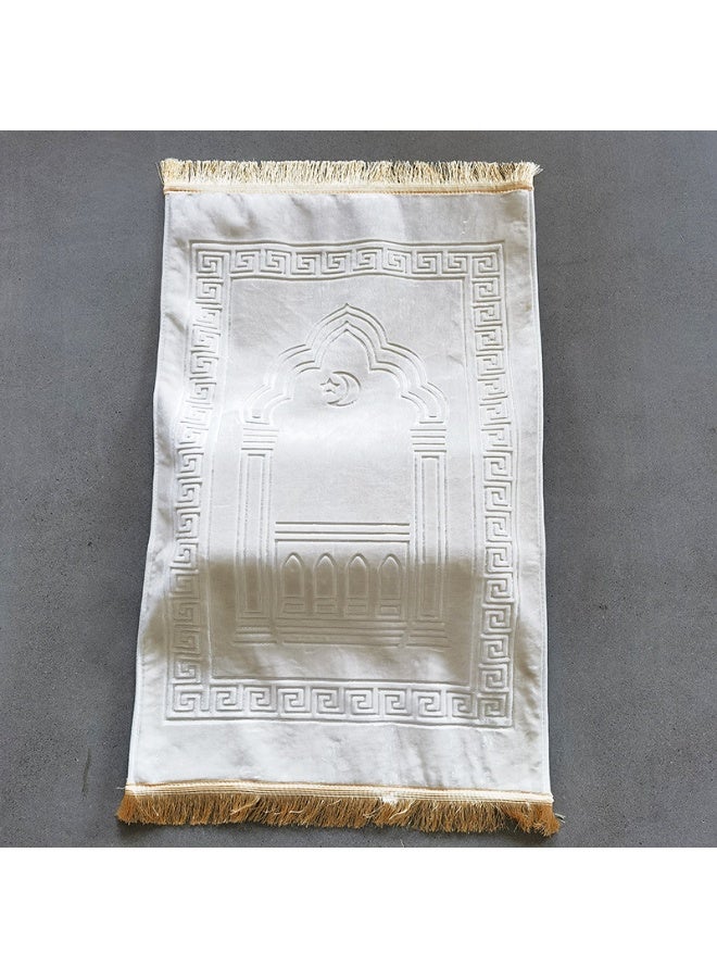 Blue-Gray Velvet Islamic Prayer Mat - Embossed Mosque Arch & Crescent Design with Gold Fringes | Luxury Sajjadah for Saudi Muslims - Image 3