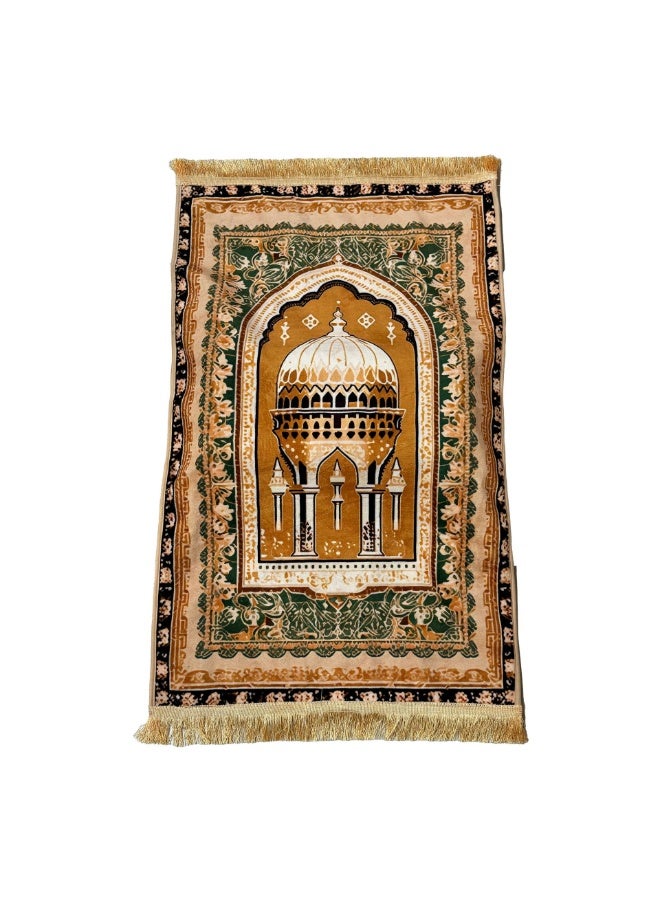 Blue-Gray Velvet Islamic Prayer Mat - Embossed Mosque Arch & Crescent Design with Gold Fringes | Luxury Sajjadah for Saudi Muslims - Image 5