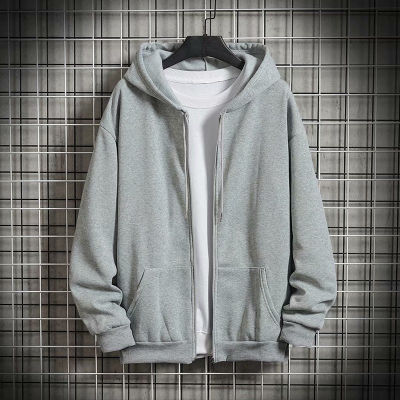 Autumn Winter Hooded Sweatshirt Mens Korean Fashion Casual Plus Velvet Loose Sportswear Grey fleece-lined - Image 1