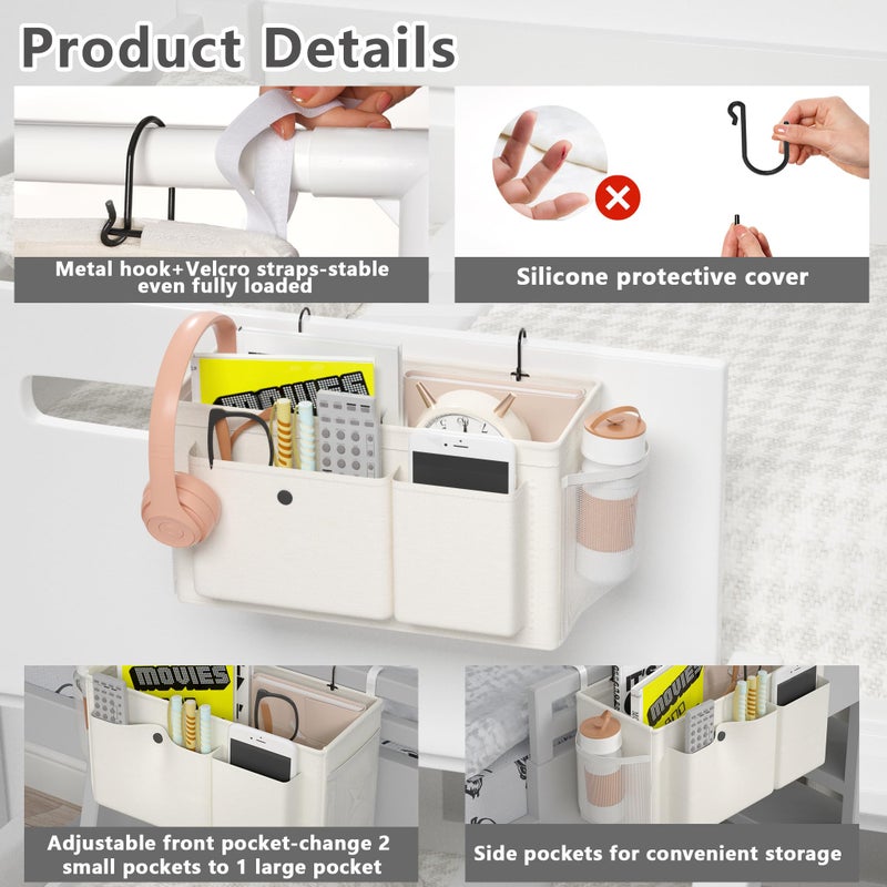 Edudif Bedside Caddy Bedside Organizer with Fixed Straps & Water Bottle Holder, Bunk Bed Caddy ideal for Home, Dorm, Hospital, Crib, Versatile Bedside Storage Solution (White) - Image 4