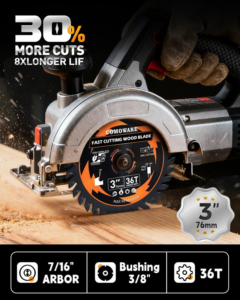 COMOWARE 3 Inch Circular Saw Blade 3 PCS, 36T ATB Circular Saw Blade, 7/16" Arbor 3/8“ Bushing, TCT Carbide-Tipped, Teflon Anti-Stick, Miter Saws Blades for Wood, Laminate, Plywood & Hardwoods - Image 2