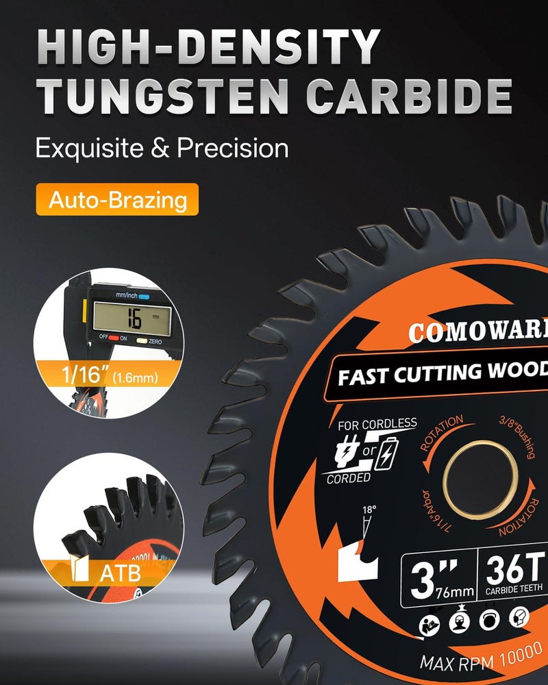 COMOWARE 3 Inch Circular Saw Blade 3 PCS, 36T ATB Circular Saw Blade, 7/16" Arbor 3/8“ Bushing, TCT Carbide-Tipped, Teflon Anti-Stick, Miter Saws Blades for Wood, Laminate, Plywood & Hardwoods - Image 5